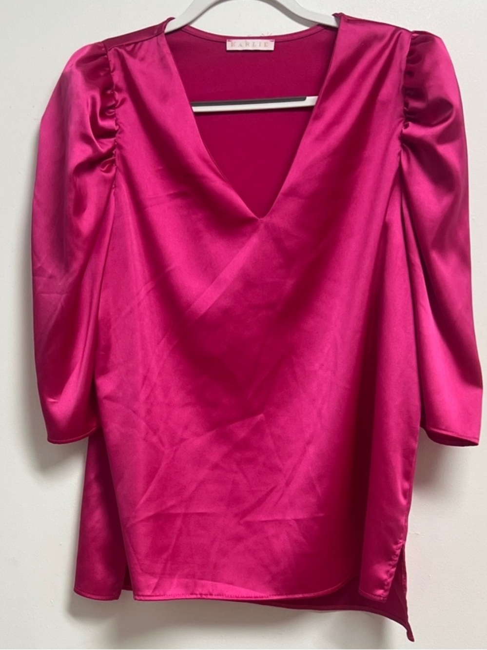 Karlie Fuchsia Hot Pink Satin Short Puff Sleeve V-neck Blouse Large Barbie
